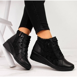 Bottines femme en cuir noir à talon compensé, Helios 537 noir le noir 1