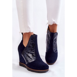 PA2 Bottines en daim sur semelle compensée en crocodile, motif Alda bleu marine 4