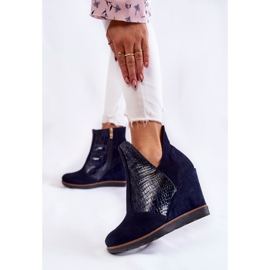 PA2 Bottines en daim sur semelle compensée en crocodile, motif Alda bleu marine 3