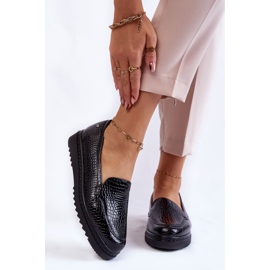 Vinceza Mocassins Laqués Motif Crocodile Sur Plateau Diane Noir 1