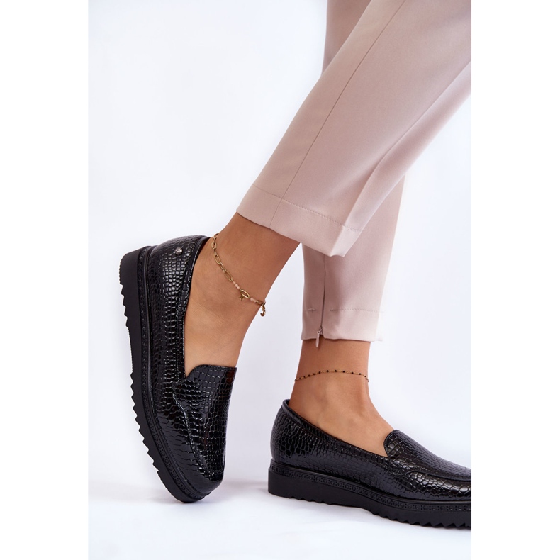 Vinceza Mocassins Laqués Motif Crocodile Sur Plateau Diane Noir 2