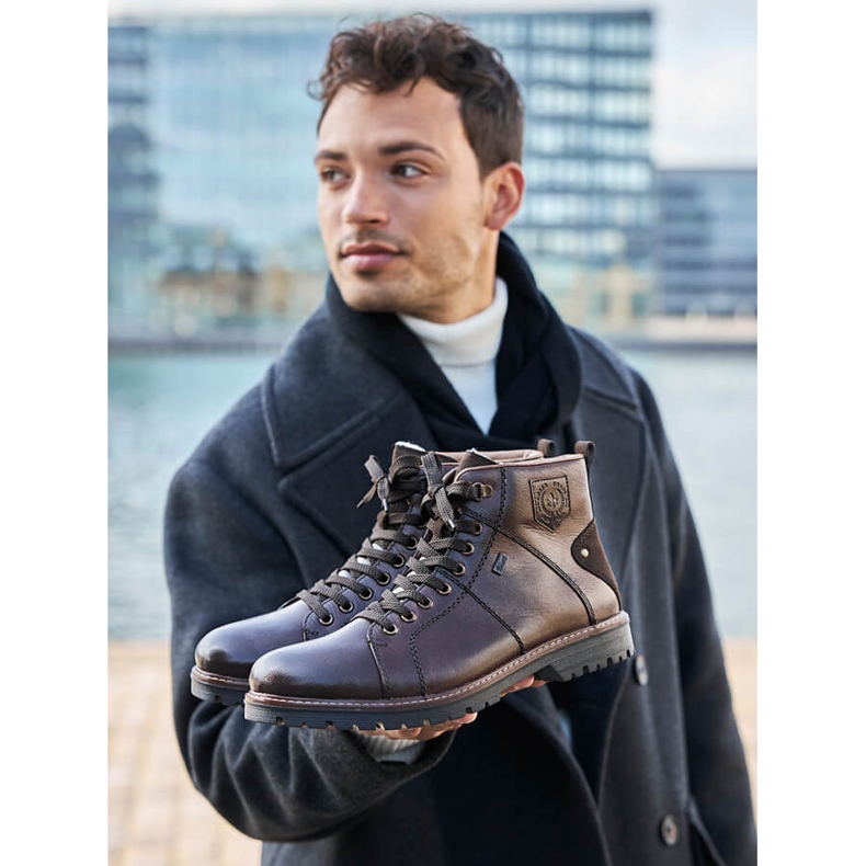 Bottes d'hiver imperméables pour hommes isolées avec de la laine de mouton Rieker F3602-25 brun 1