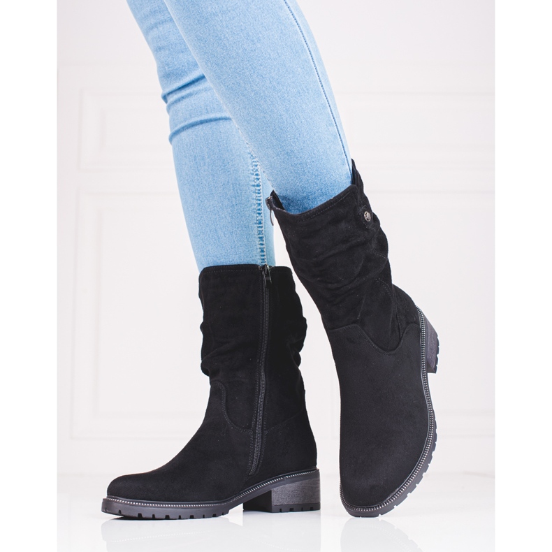 SHELOVET Bottines hautes femme en daim le noir 1
