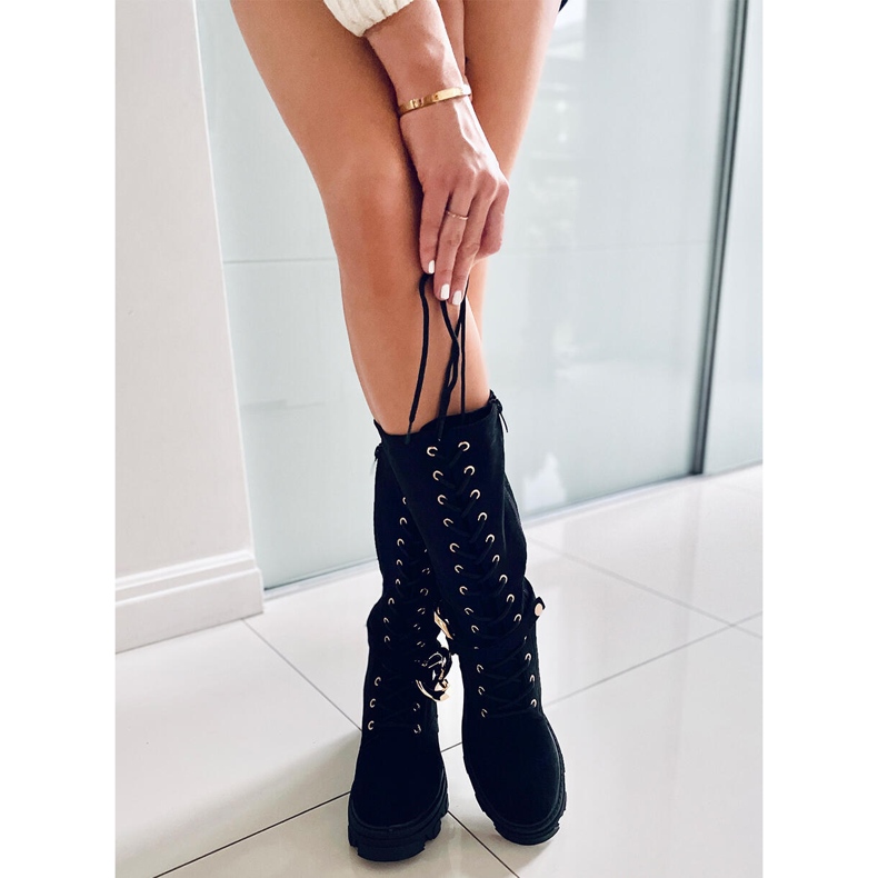 Charlize Bottes à lacets en daim noir 1