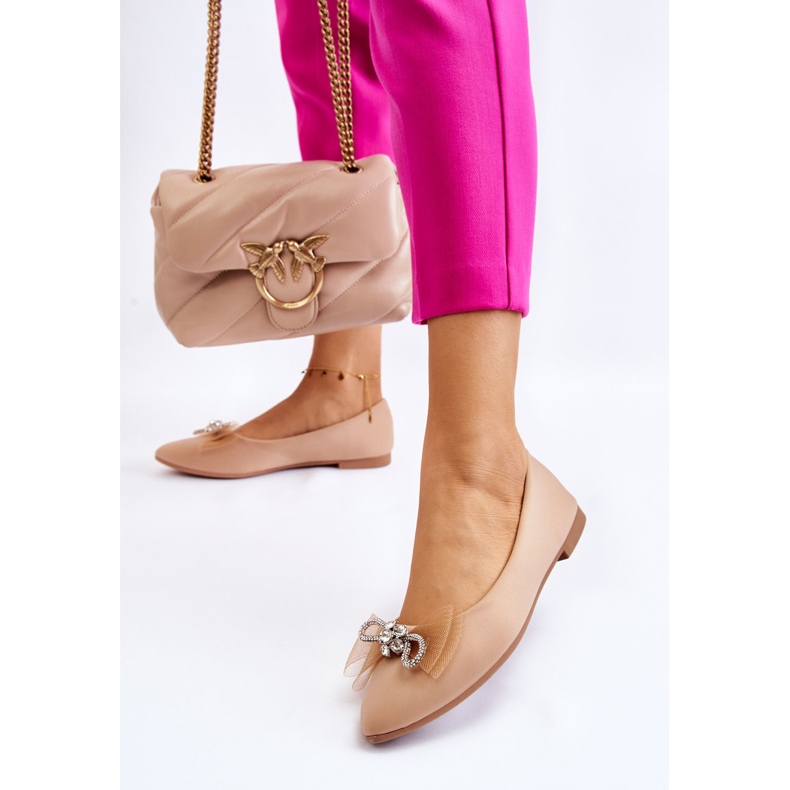 Ballerines Pointues Femme Avec Nœud Décoratif Beige Foncé Lumineux 2