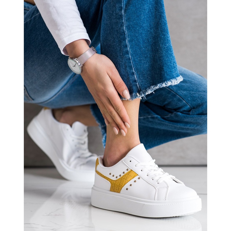 SHELOVET Baskets décontractées en cuir écologique blanche jaune 2