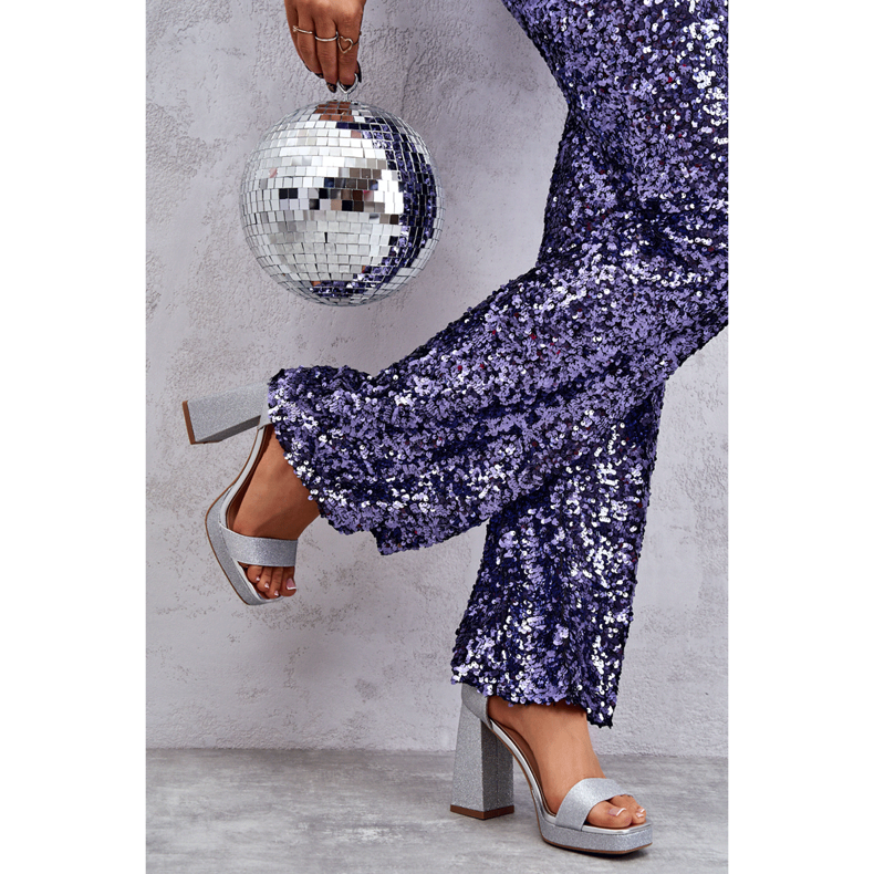 Sandales brillantes sur un talon Calmi argenté massif 2