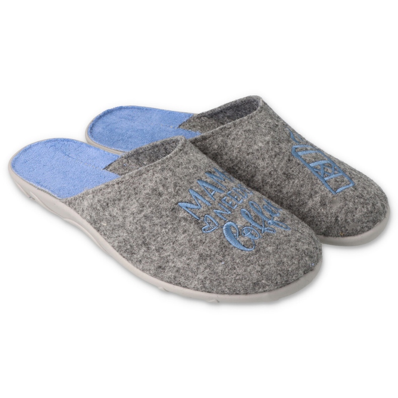 Chaussons femme Befado 235D188 gris avec broderie bleue 1