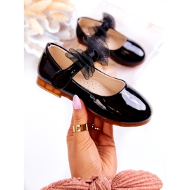 Vinceza Ballerines enfant en cuir verni avec velcro et nœud, noir 1