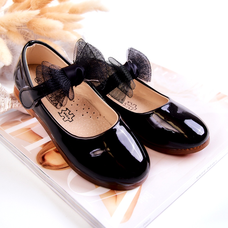 Vinceza Ballerines enfant en cuir verni avec velcro et nœud, noir le noir 3