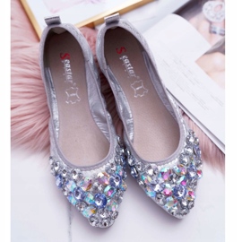 PS1 Ballerines pour femmes avec pierres de cristal argentées gris 3