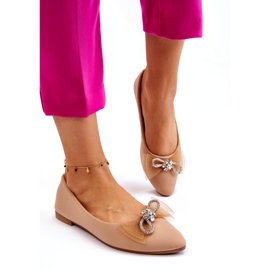 Ballerines à bout pointu pour femmes avec nœud décoratif, beige foncé 3