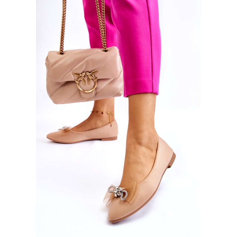 Ballerines à bout pointu pour femmes avec nœud décoratif, beige foncé 1