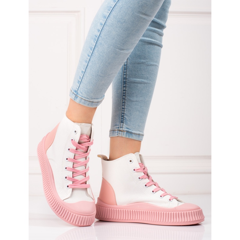 Baskets montantes femme Shelovet blanc et rose 2