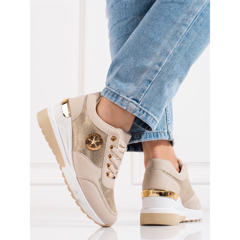Baskets compensées femme Shelovet beige doré 2