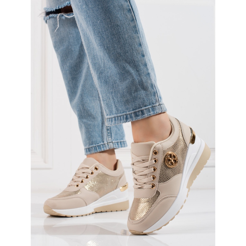 Baskets compensées femme Shelovet beige d'or 1