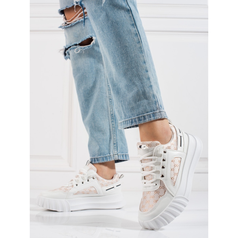 Chaussures de sport femme Shelovet blanches à semelle épaisse beige doré 1