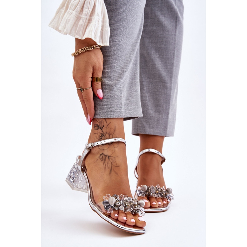 S.Barski Sandales Femme Sur Un Talon Bas Avec Des Ornements Argent Benicio 1