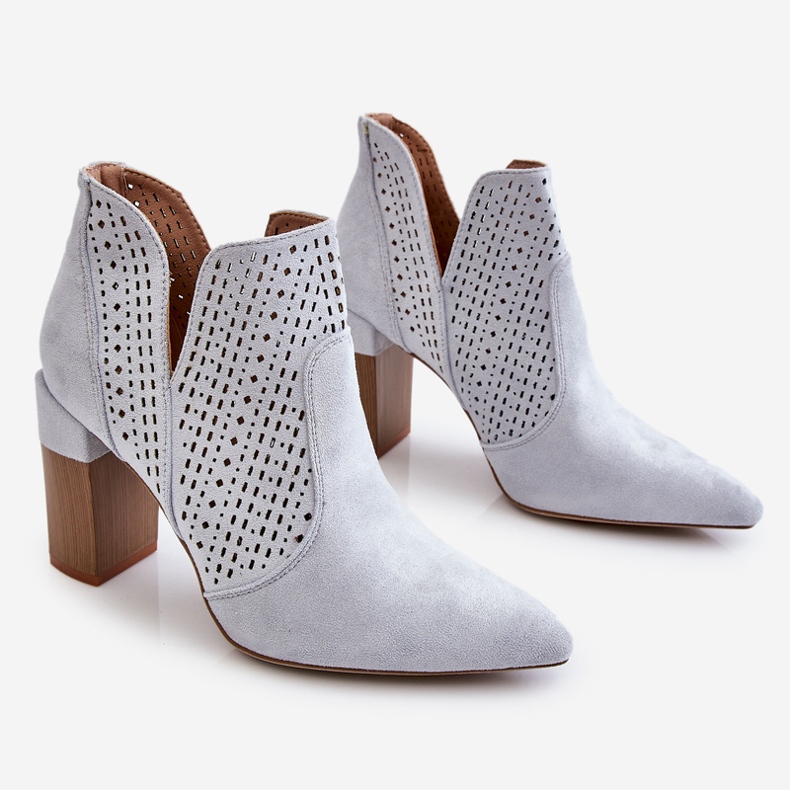 PM1 Bottes à talons hauts en daim ajourées à la mode Gris Genevi argent 1