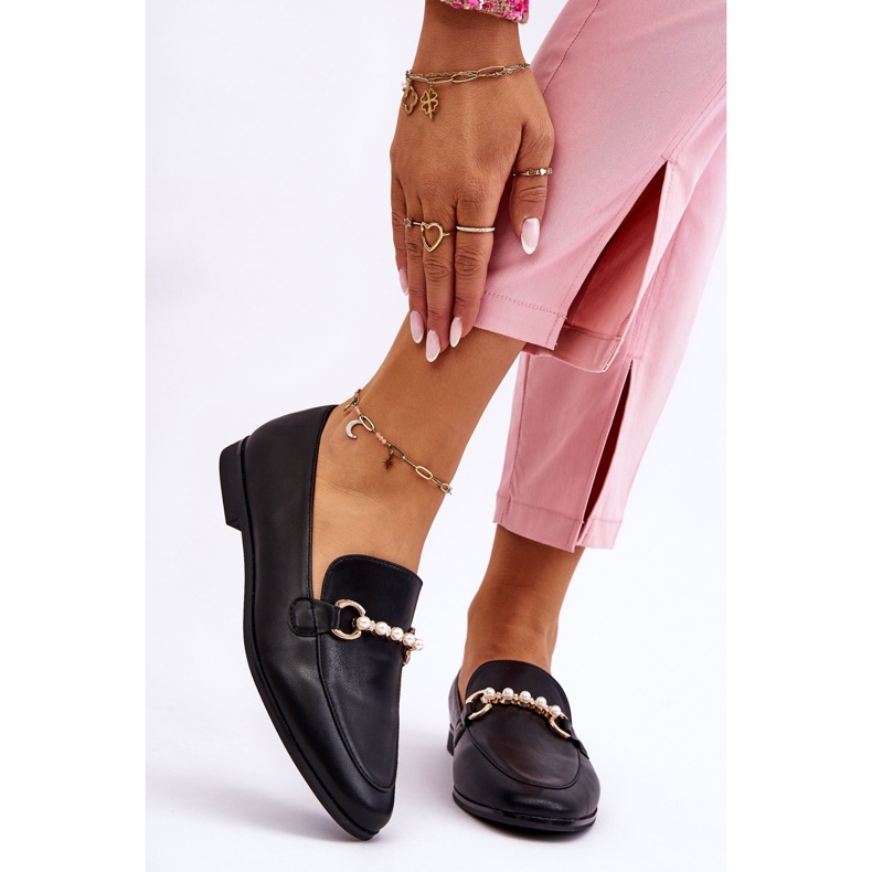 PG1 Mocassins Femme En Cuir Avec Perles Décoratives Noir Ishan le noir 1