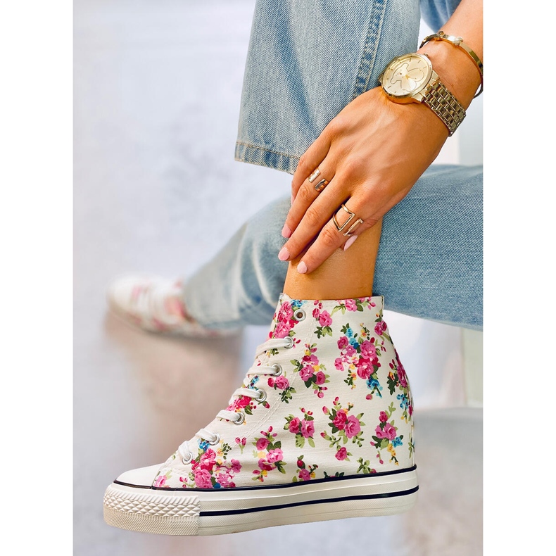 BM Paradis Baskets montantes compensées blanches à fleurs 2