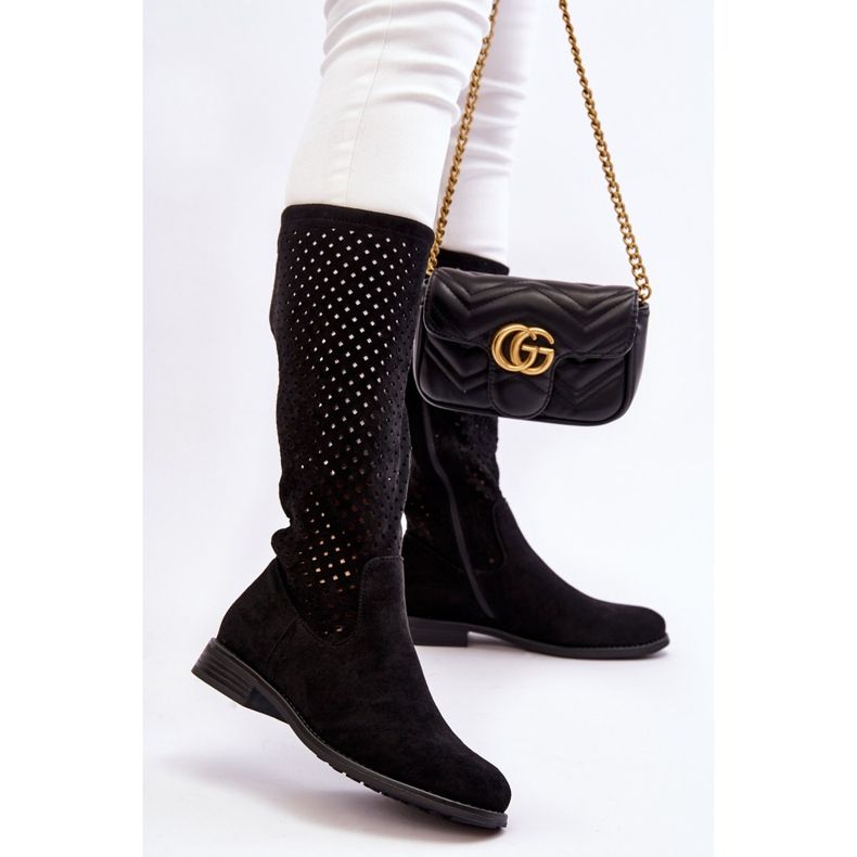 S.Barski Cuissardes ajourées en daim pour femme Savane noire 2