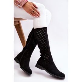 S.Barski Cuissardes ajourées en daim pour femme Savane noire le noir 5