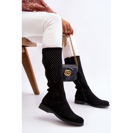 S.Barski Cuissardes ajourées en daim pour femme Savane noire le noir 6