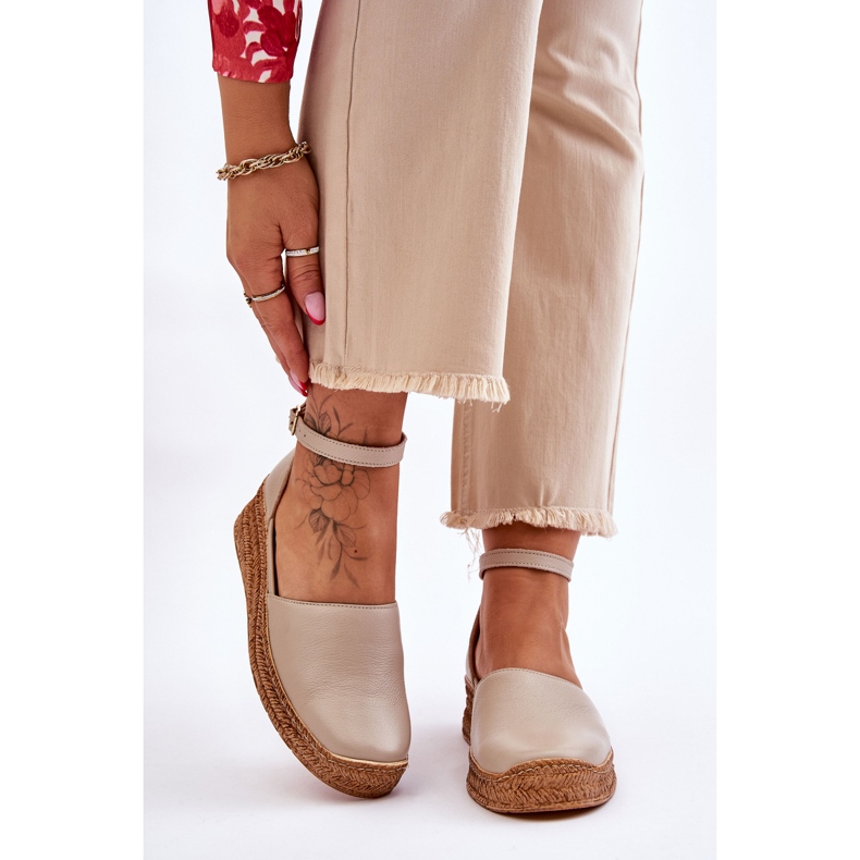 Lemar Sandales Espadrilles en Cuir pour Femme Beige Moise 1