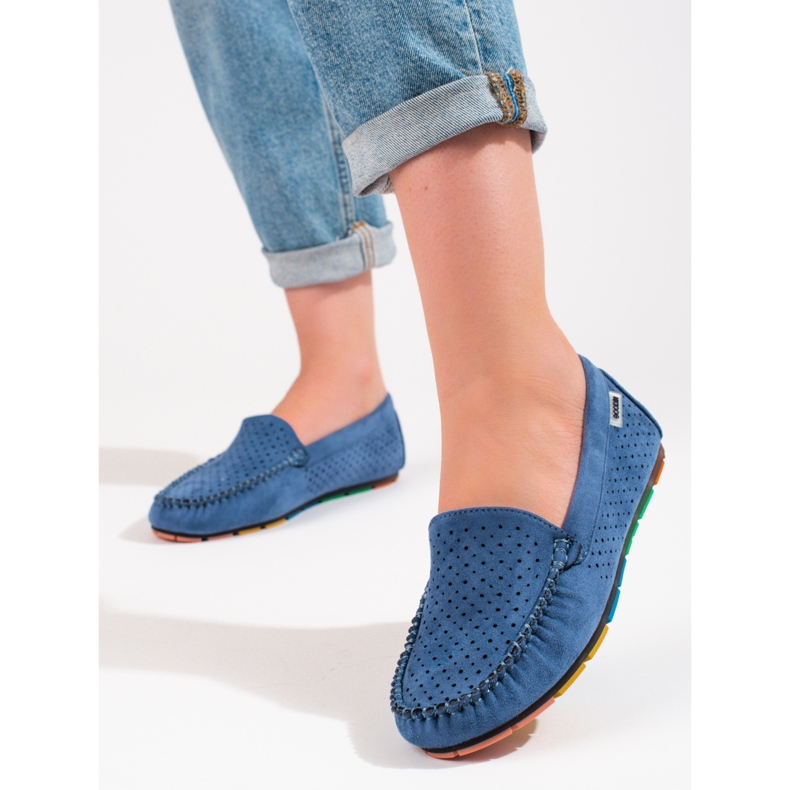 Mocassins femme en daim ajouré Shelovet bleu 1