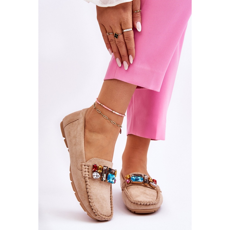 Mocassins Femme En Daim Avec Cristaux Beige Lucille 1