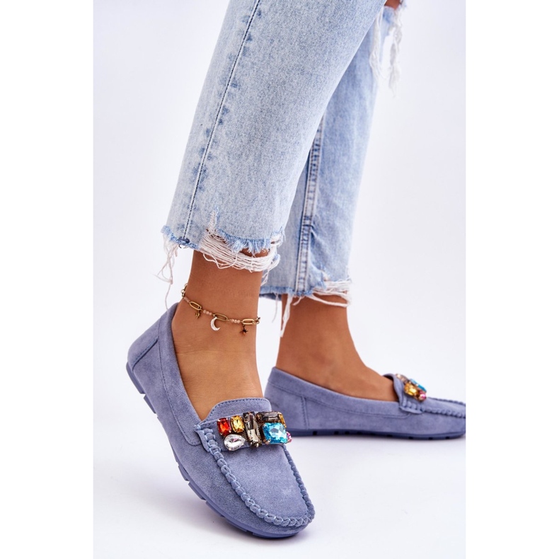 Mocassins Femme En Daim Avec Cristaux Bleu Lucille 2