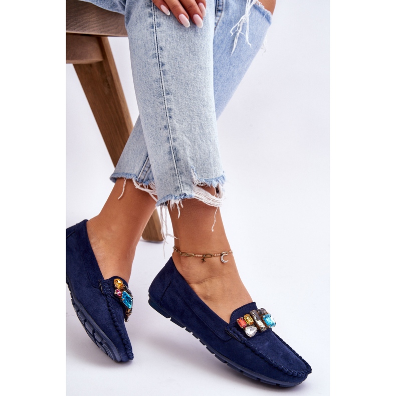 Mocassins Femme En Daim Avec Cristaux Bleu Marine Lucille 1