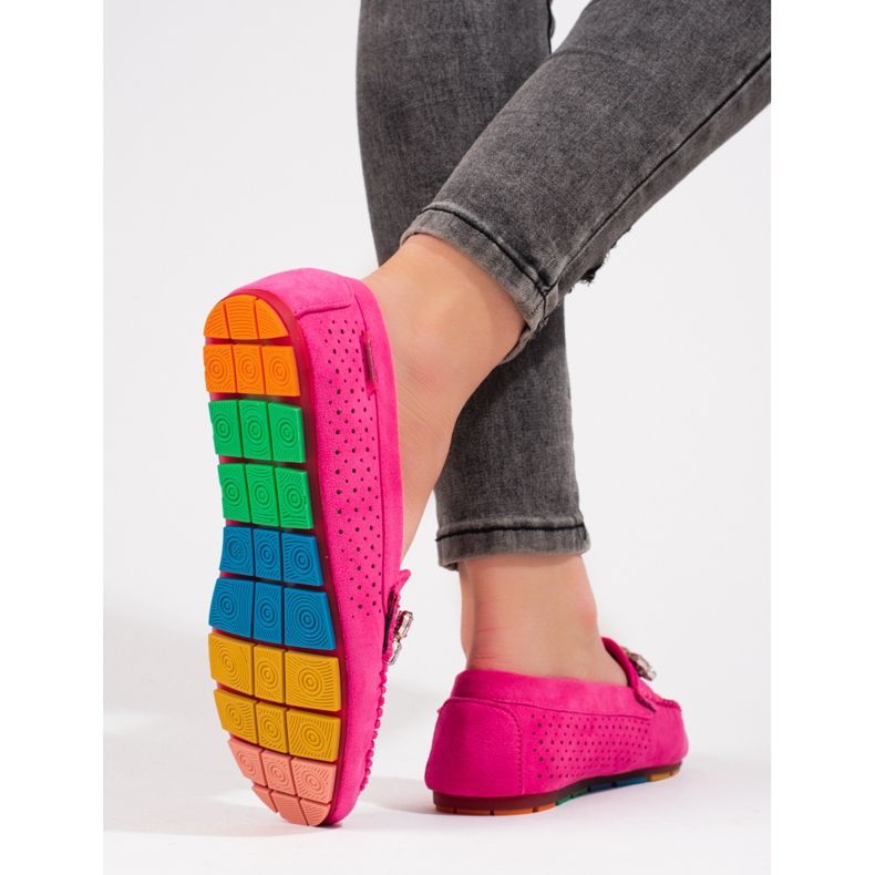 Mocassins femme roses ajourés avec cristaux daim Shelovet 2 Mocassins femme roses ajourés avec cristaux daim Shelovet 2