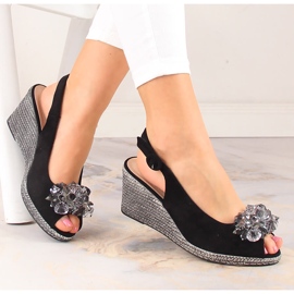 Sandales compensées en daim pour femmes avec cristaux noirs Potocki SZ12055 le noir 1