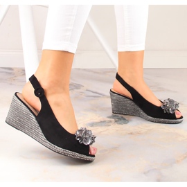 Sandales compensées en daim pour femmes avec cristaux noirs Potocki SZ12055 le noir 2