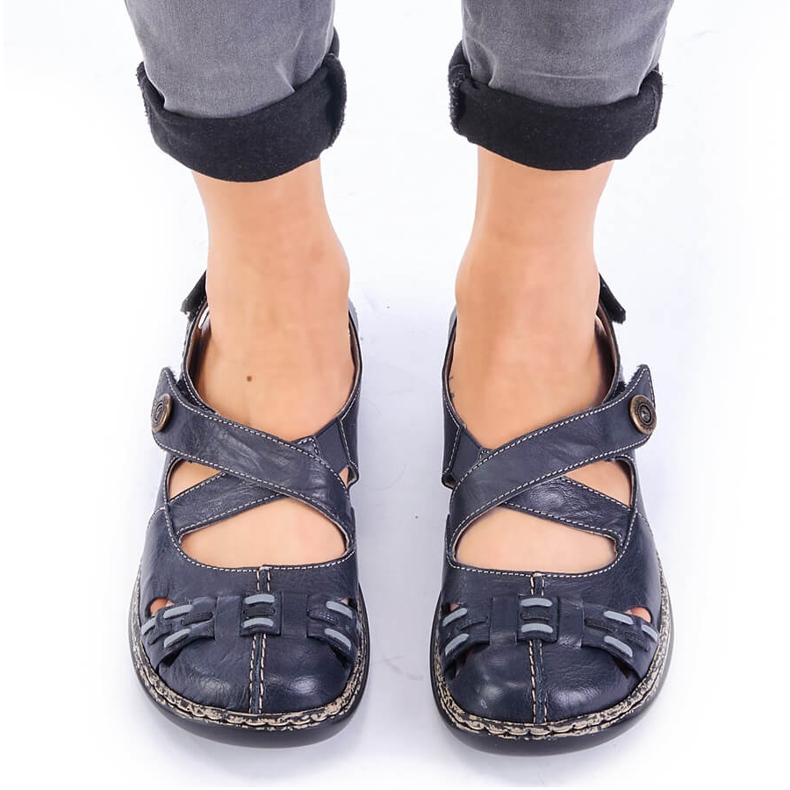Sandales confortables en cuir pour femmes avec velcro bleu marine Rieker 46377-14 1