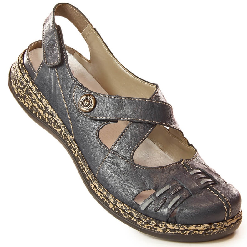 Sandales confortables en cuir pour femmes avec velcro bleu marine Rieker 46377-14 2