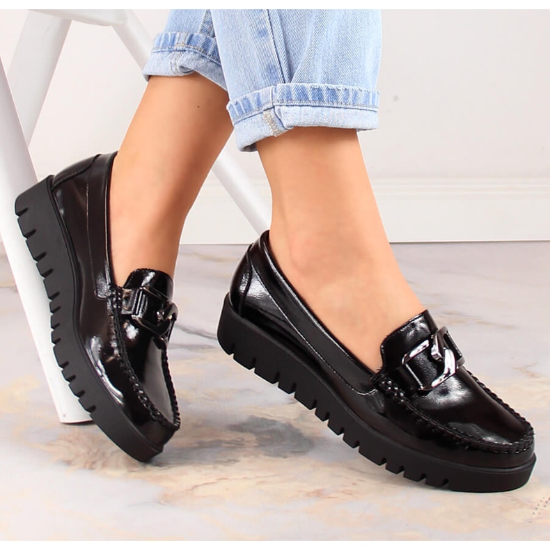 Mocassins pour femmes laqués sur la plate-forme noire Sergio Leone MK757 le noir 1