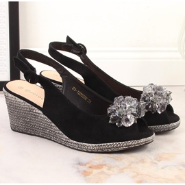 Sandales compensées en daim pour femmes avec cristaux noirs Potocki SZ12055 le noir 5