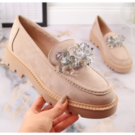 Mocassins en daim pour femmes avec cristaux beiges Vinceza 10863 2