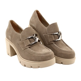 Lemar Brogues Élégantes Sur Talon Avec Décoration Beige Argent Foncé Harmell 6