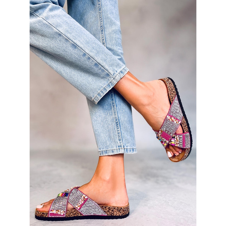 PA1 Claquettes en liège et perles Rezai Fuchsia rose 1