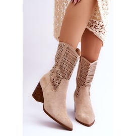 FB1 Bottes de cowboy hautes en daim pour femmes Beige Turner 1