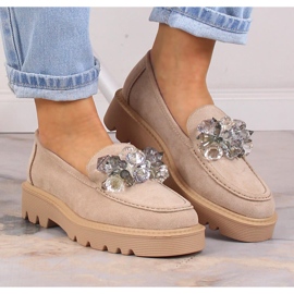 Mocassins en daim pour femmes avec cristaux beiges Vinceza 10863 7