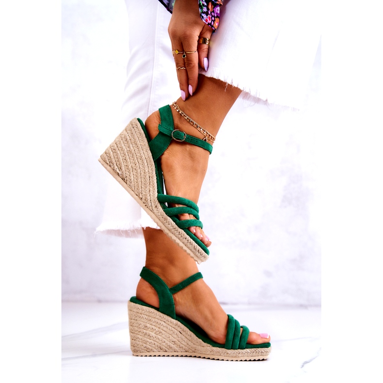 FJ1 Sandales compensées en daim vert Louisiane 3