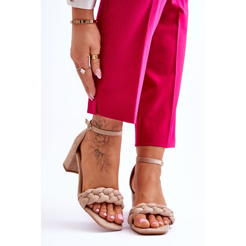 FB2 Sandales à talons hauts en daim avec tresses beiges décoratives Azela brun 1