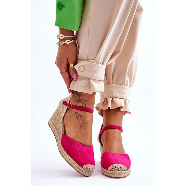 Sandales compensées espadrilles en daim cammer fuchsia rose 1