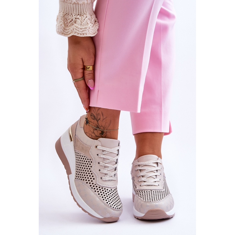 S.Barski Baskets Femme Cuir Ajouré Beige Clair Virginia 1