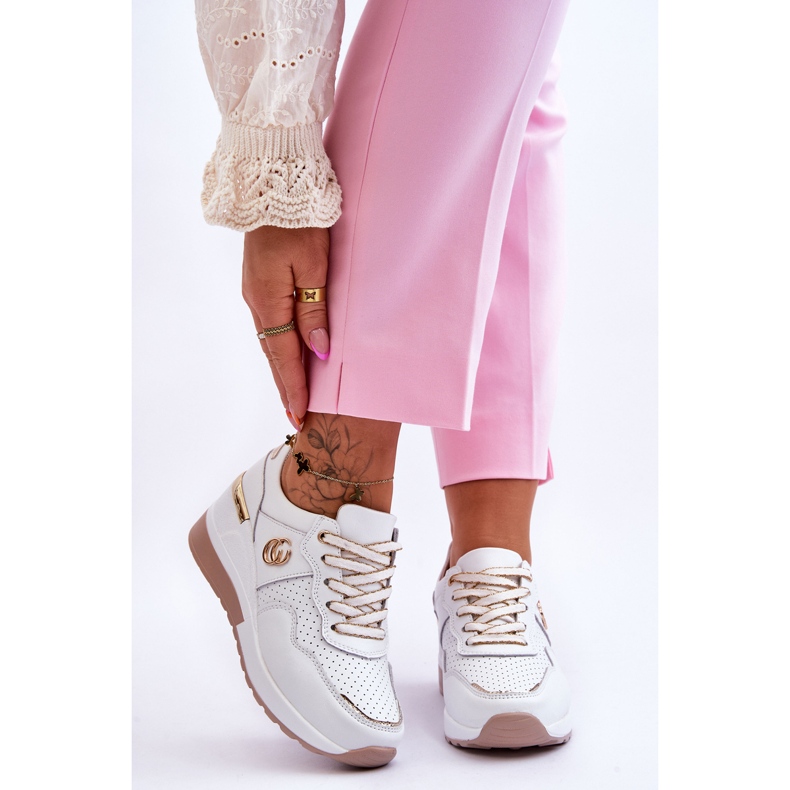 S.Barski Chaussures de sport compensées en cuir pour femme Blanc-Or Rebeca 1